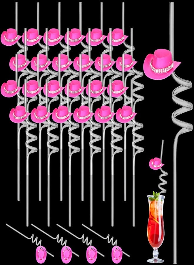FillTouch 24 Set Bachelorette Cowboy Hat Straws, 70s Mini Disco Rhinestone Cowgirl Western Hat Bling Bend and Glitter Cocktail Straws for 1970s Holiday Wedding Party Decorations(Pink) - Image 1